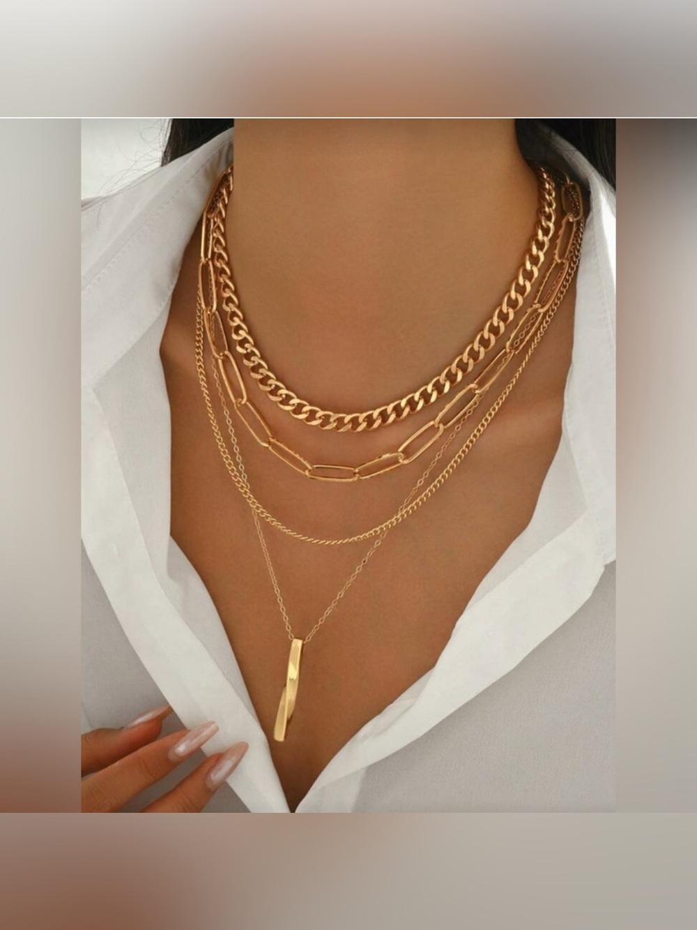Gold Tone Layered Chain Necklace Set 4PC Cuban Paperclip Pendant Stack - Picture 2 of 3